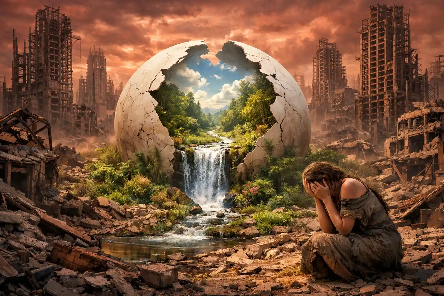 Città distopica in rovina con uovo gigante di nuova vita della foresta