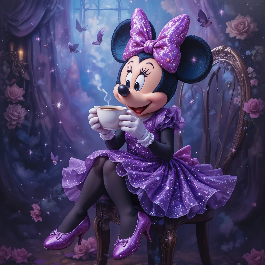 Cartoon mouse in purple dress sipping coffee on chair