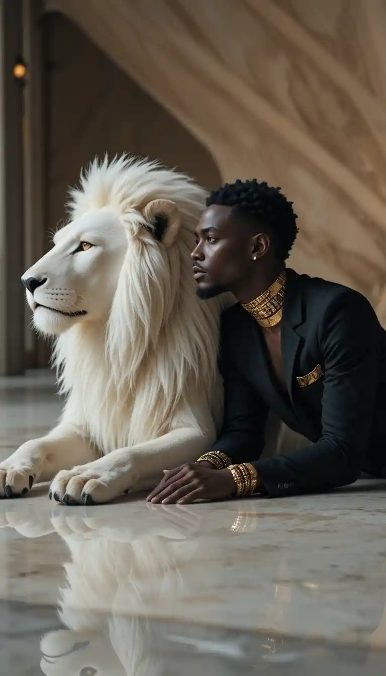 Homme afrofuturiste allongé avec un lion blanc royal