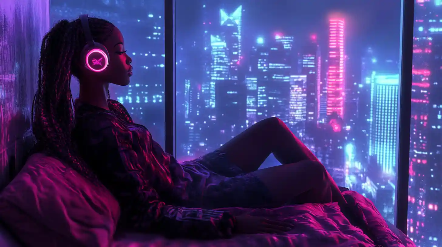 Afrofuturistic woman listening to music in neon city apartment
