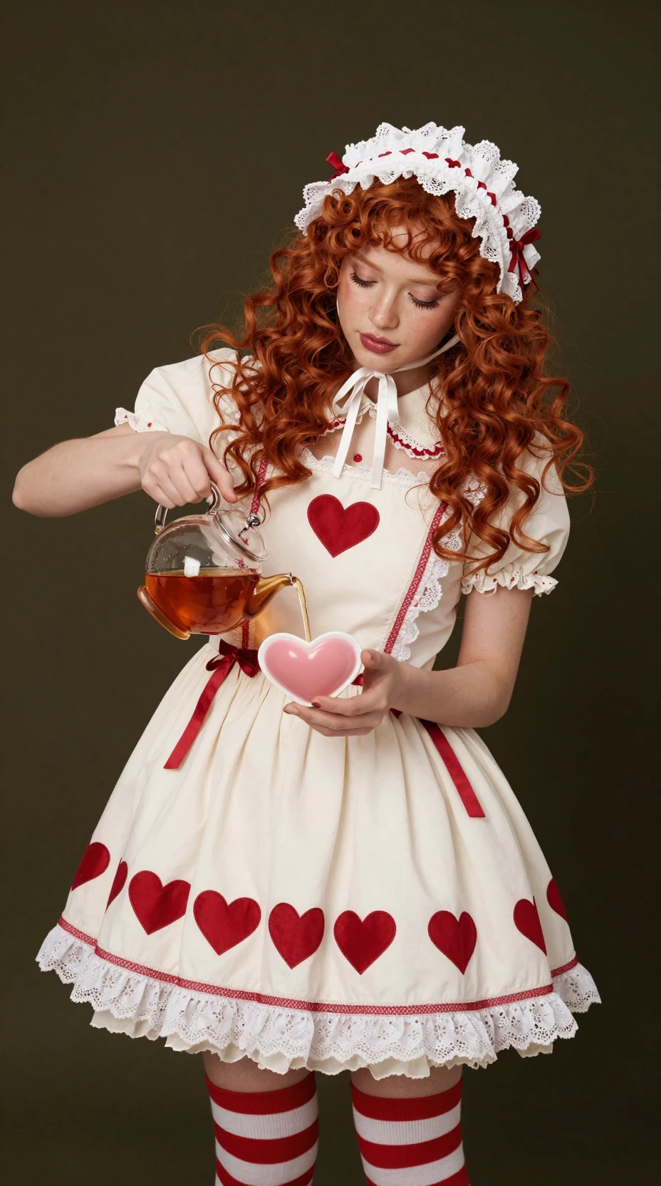Quirky red haired girl pouring tea into a heart cup
