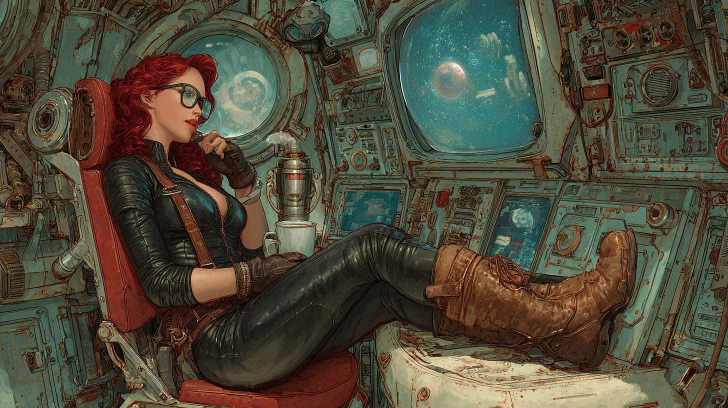 Steampunk woman relaxing in an old spaceship cockpit