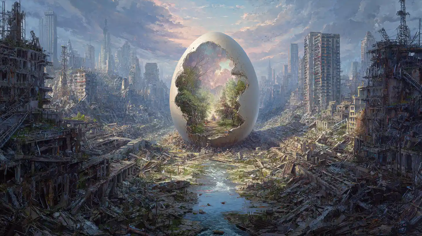 Ruined City With Giant Cracked Egg Revealing Inner Forest
