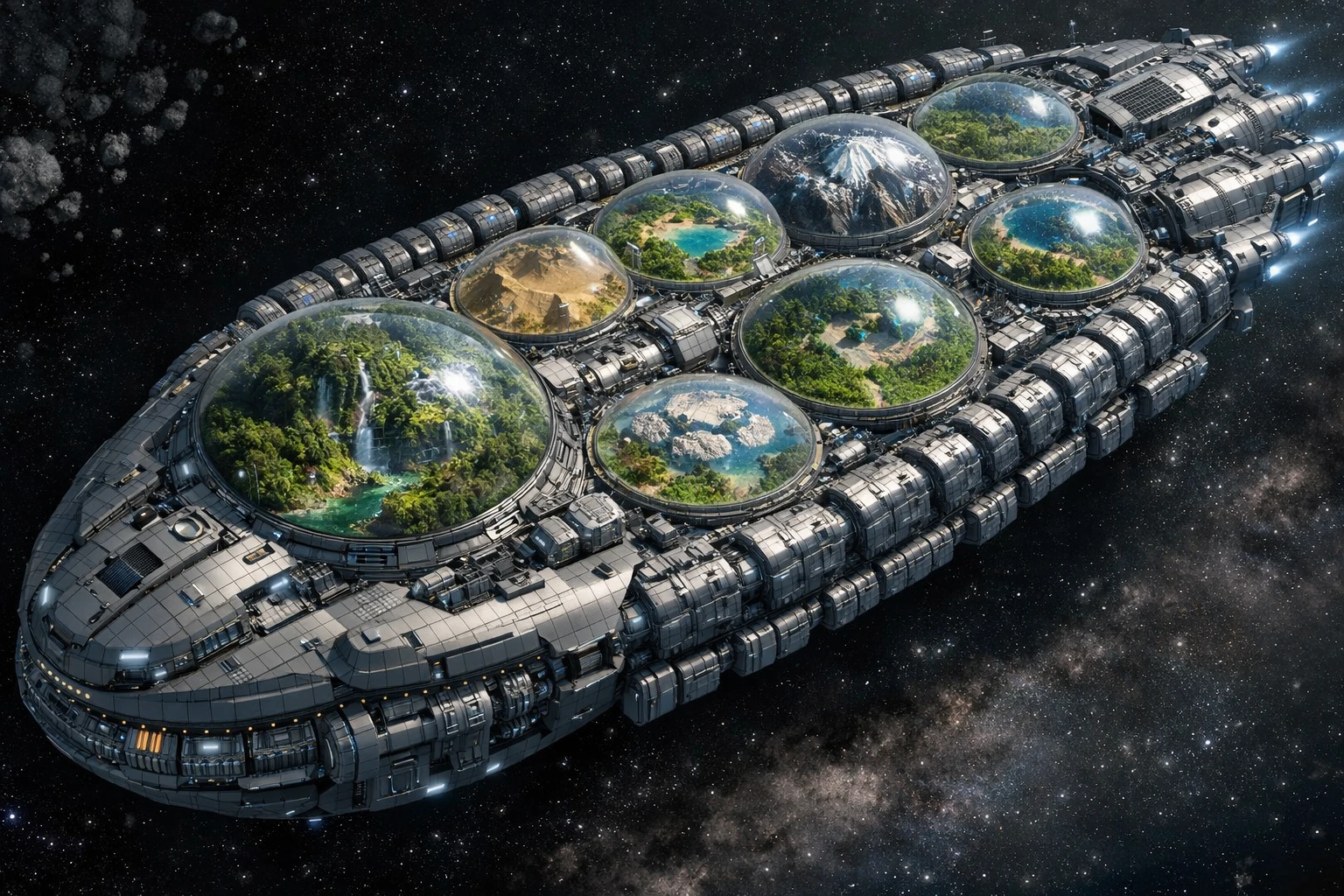 載滿圓頂生態艙的龐大世代宇宙船