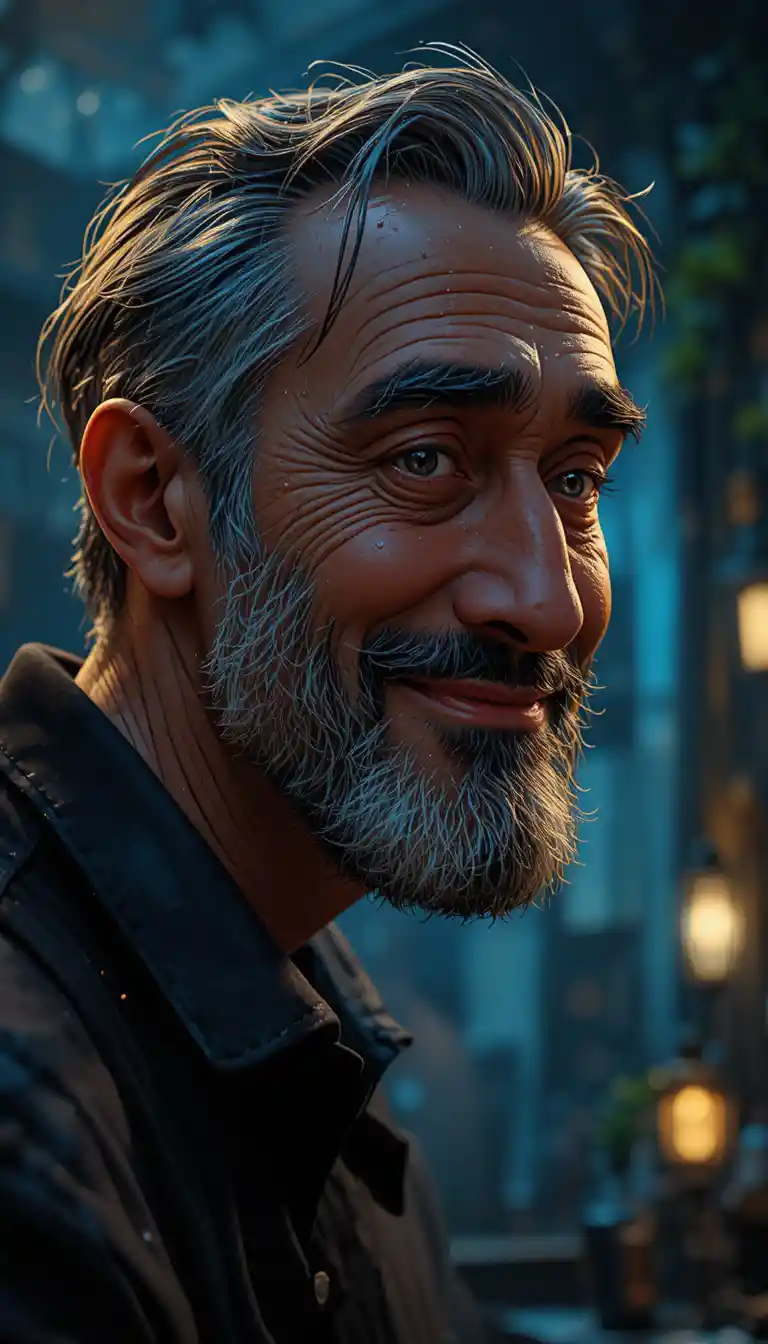 Middle aged man smiling softly in intimate close up