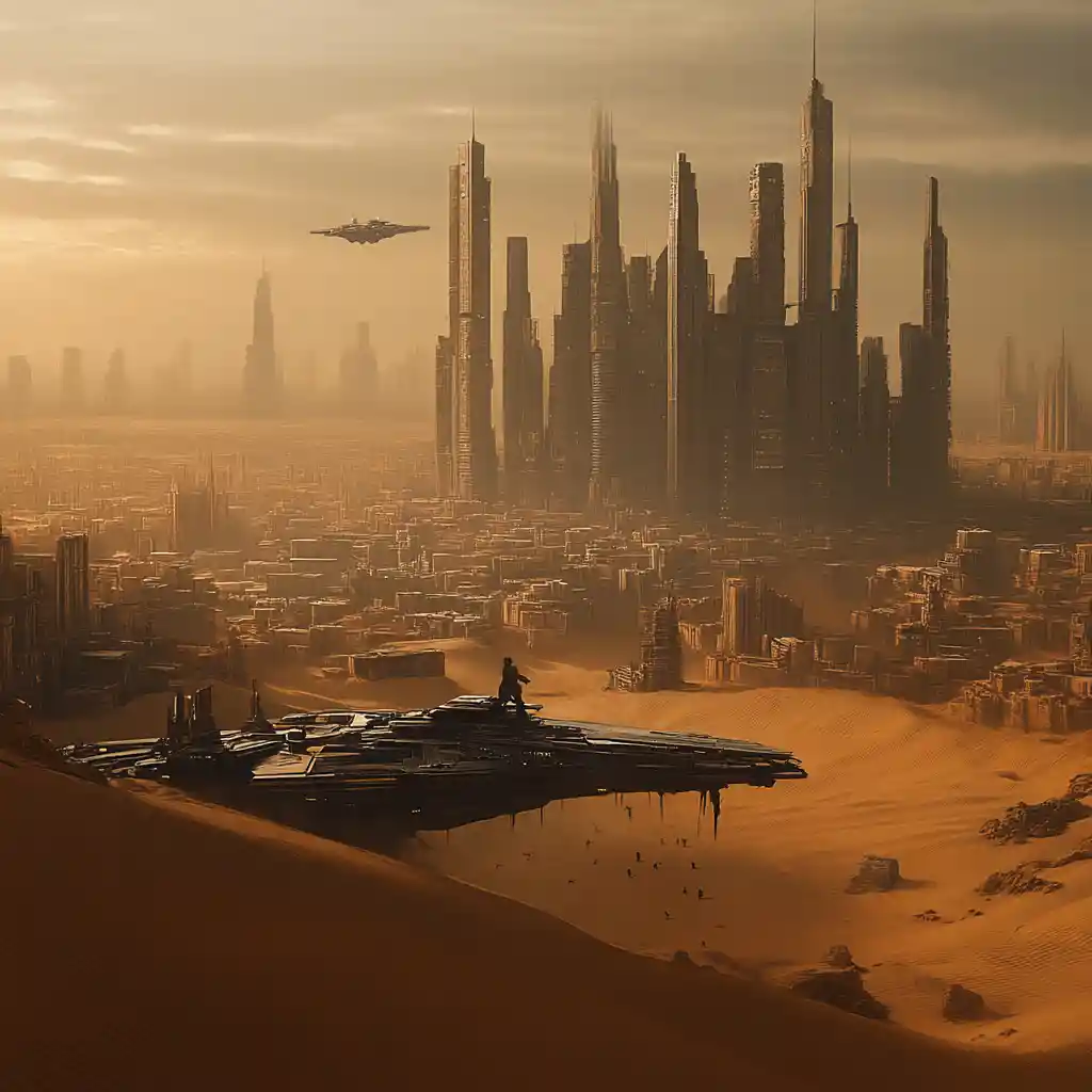 Uomo futuristico calvo in un campo di città desertica distopica