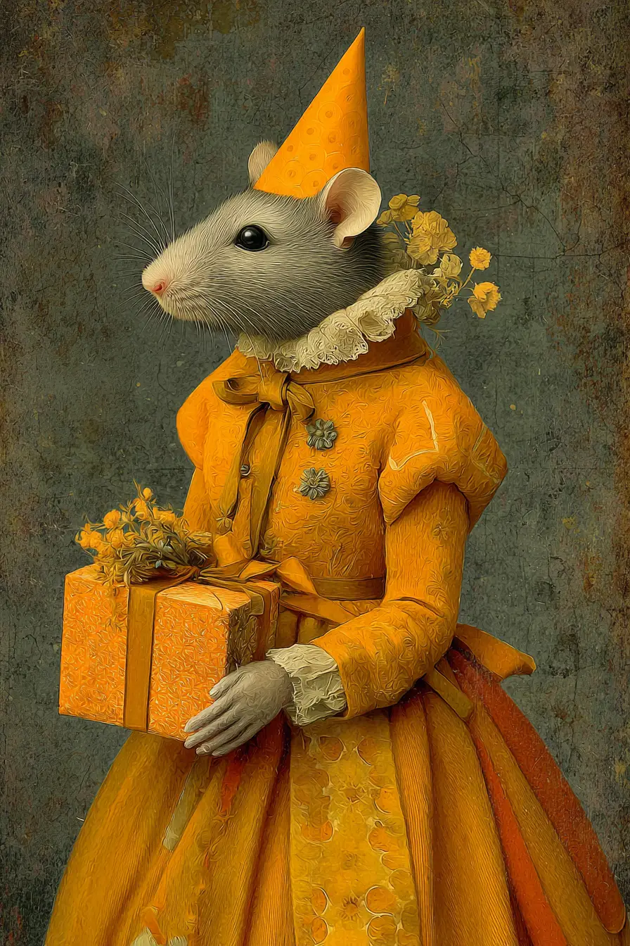 Whimsical mouse lady in a yellow orange party outfit
