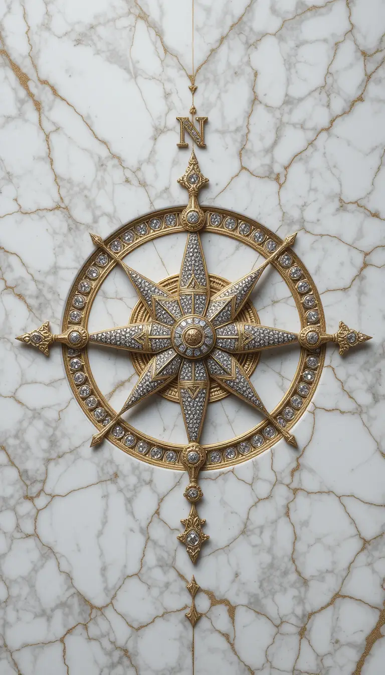 Compass rose inlaid in white marble with diamonds