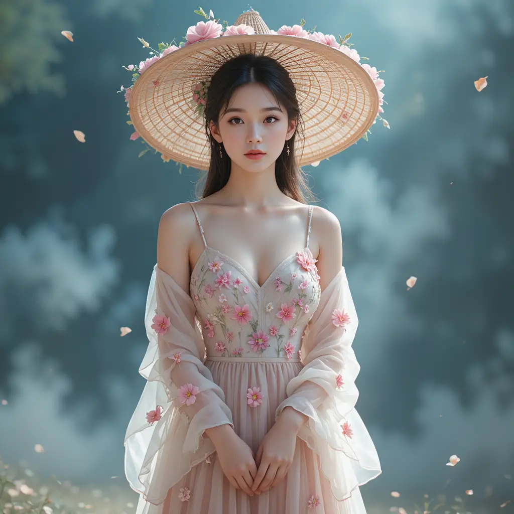Young Asian woman in floral dress with straw hat