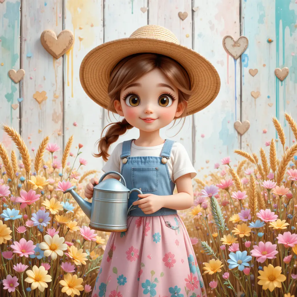 Cute farm girl watering flowers in a pastel countryside