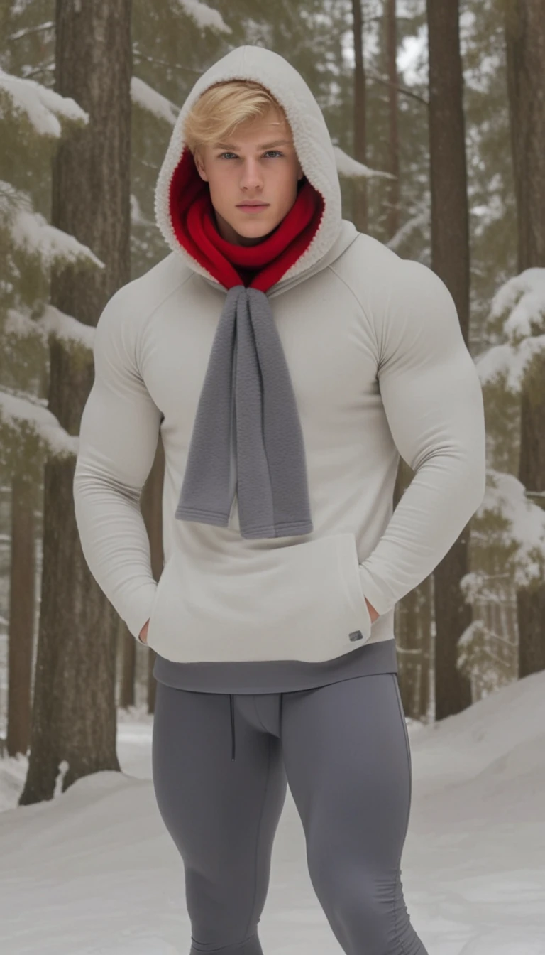 Young blonde man in winter tights in snowy forest