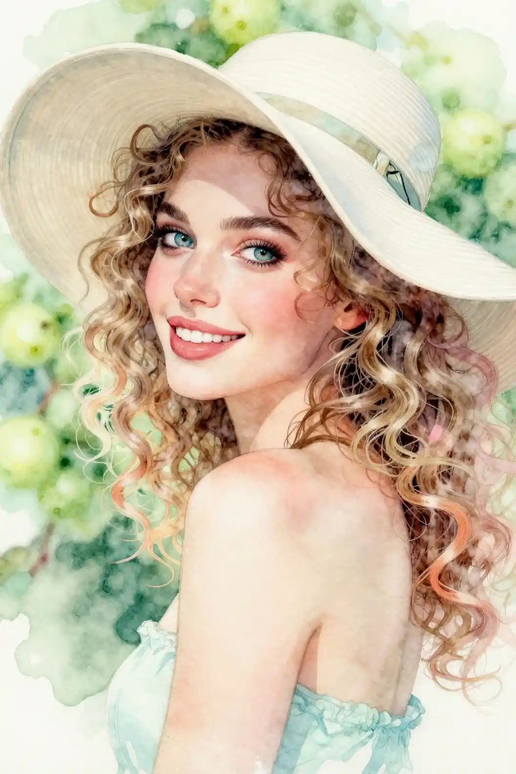 Curly haired woman in broad brim hat with irises