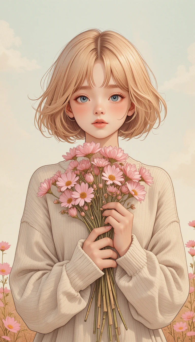 Ragazza che tiene delicati cosmos rosa in un’illustrazione pastello