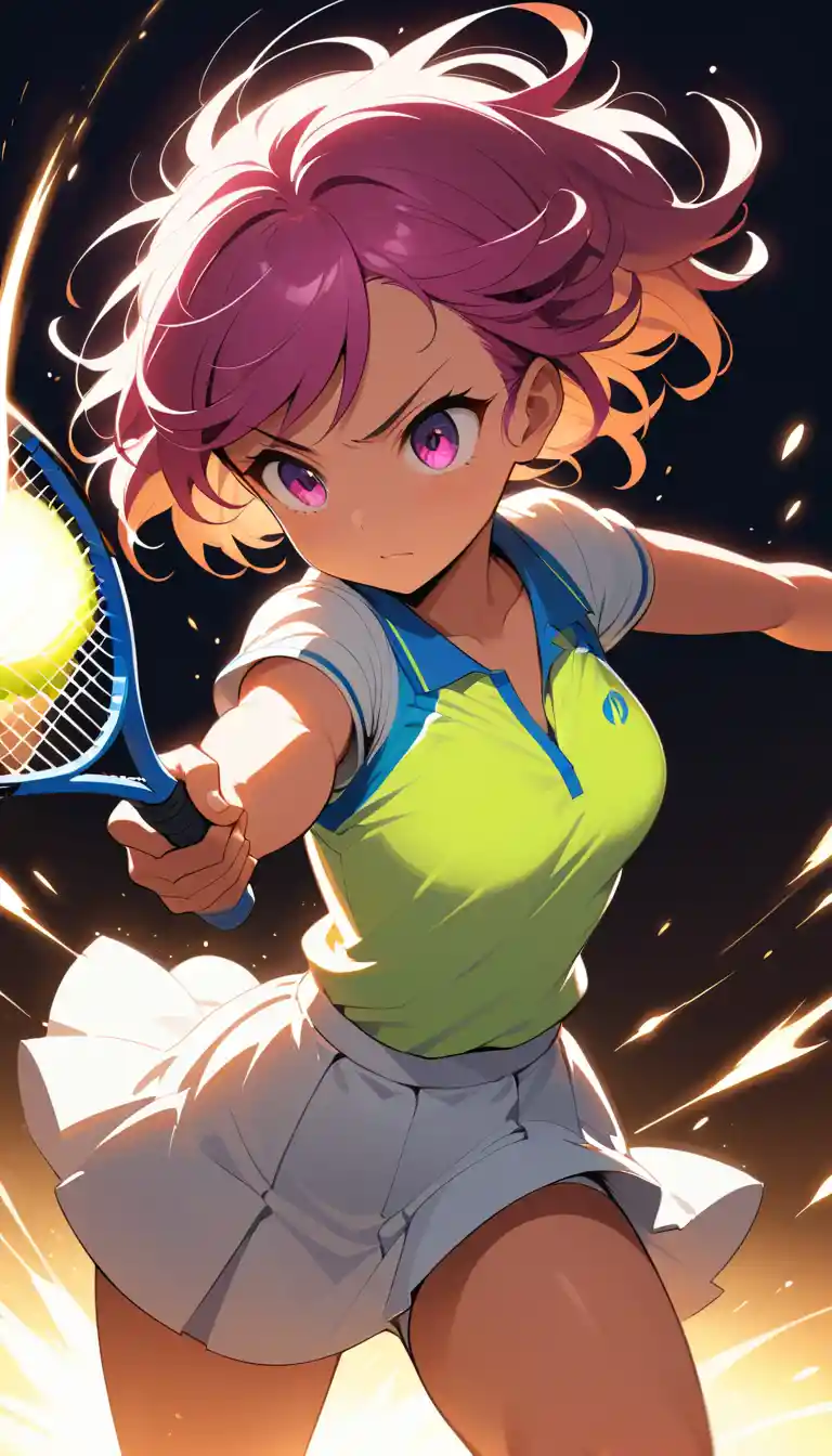 きらめく粉じんを切り裂いてボールを打つ女子テニス選手