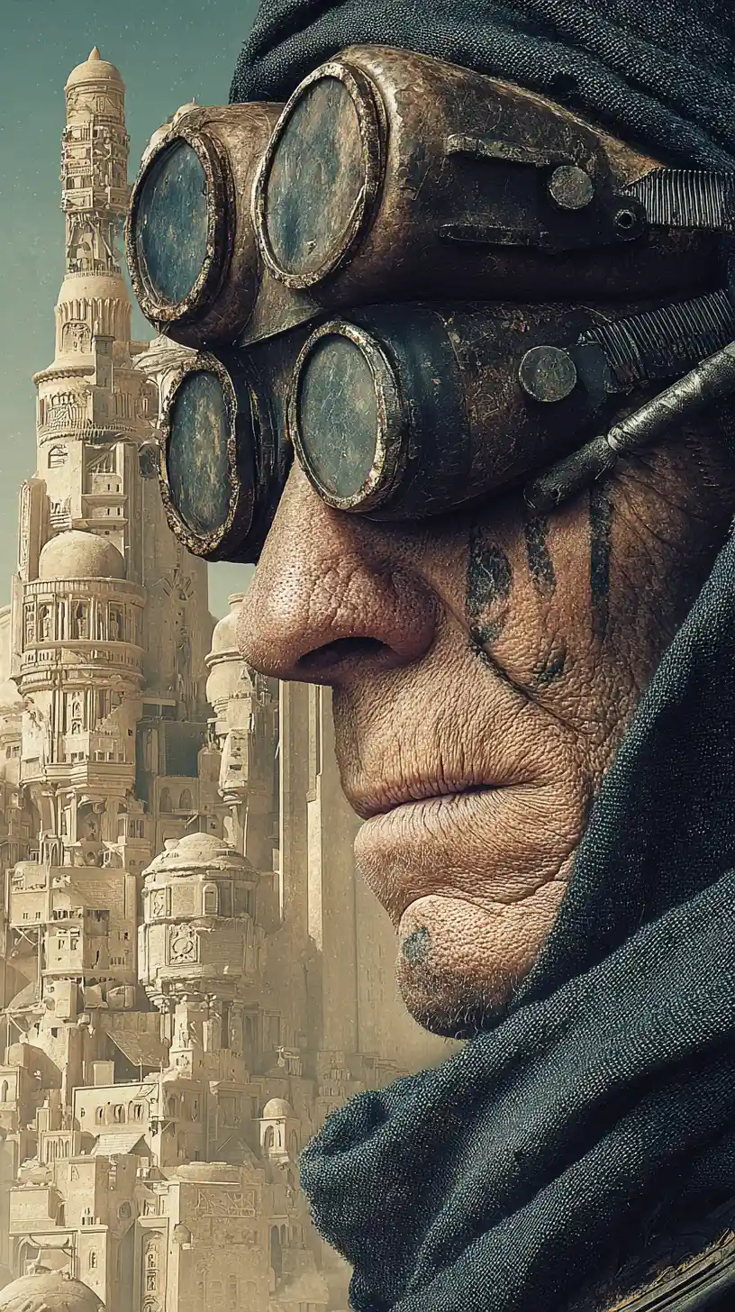 Old man in desert before futuristic art deco metropolis