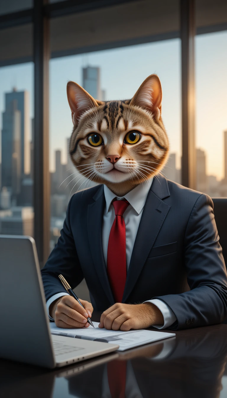 Gato de negocios con traje en escritorio de vidrio y horizonte urbano