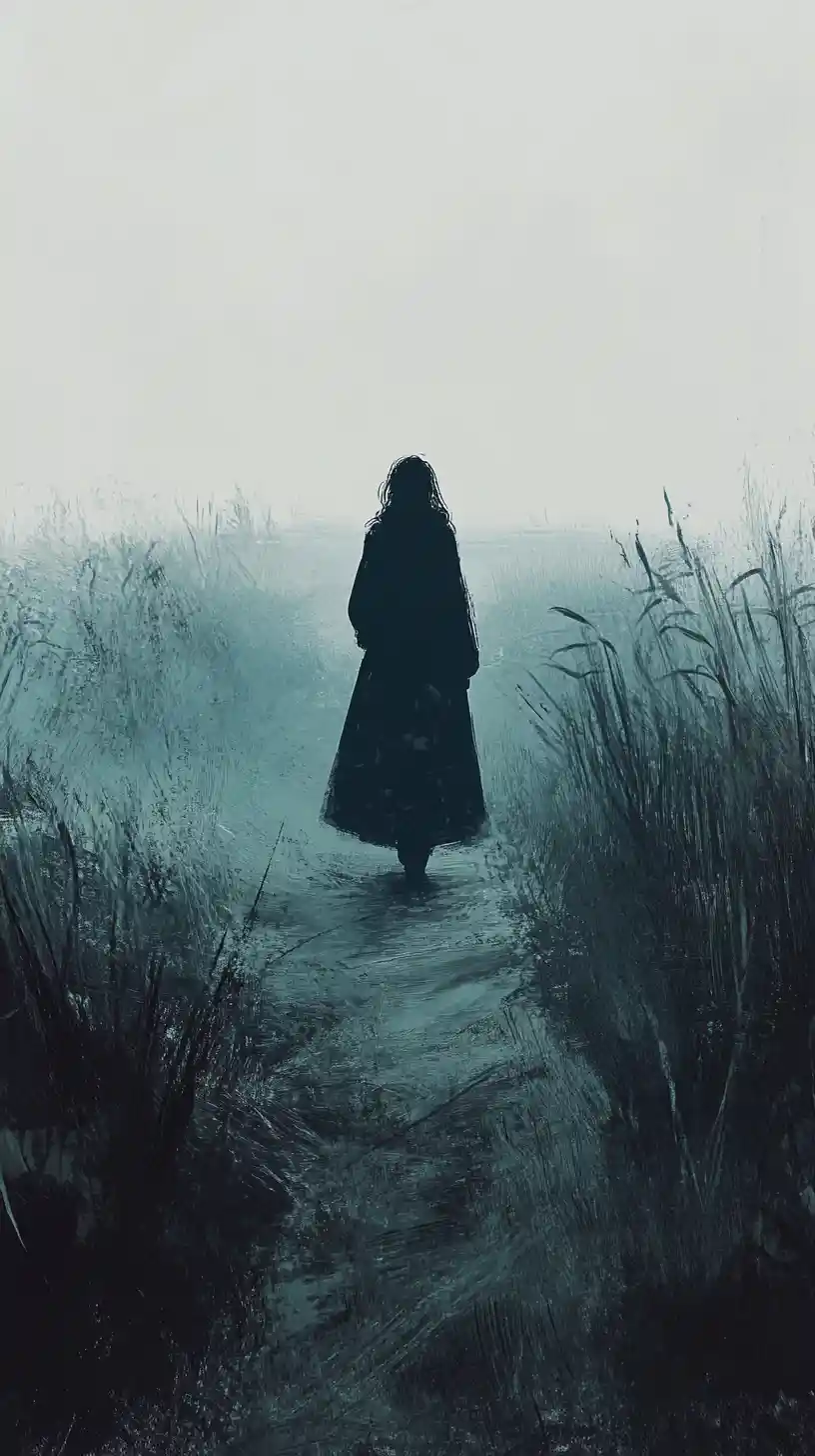 Woman walking alone on a misty overgrown field path