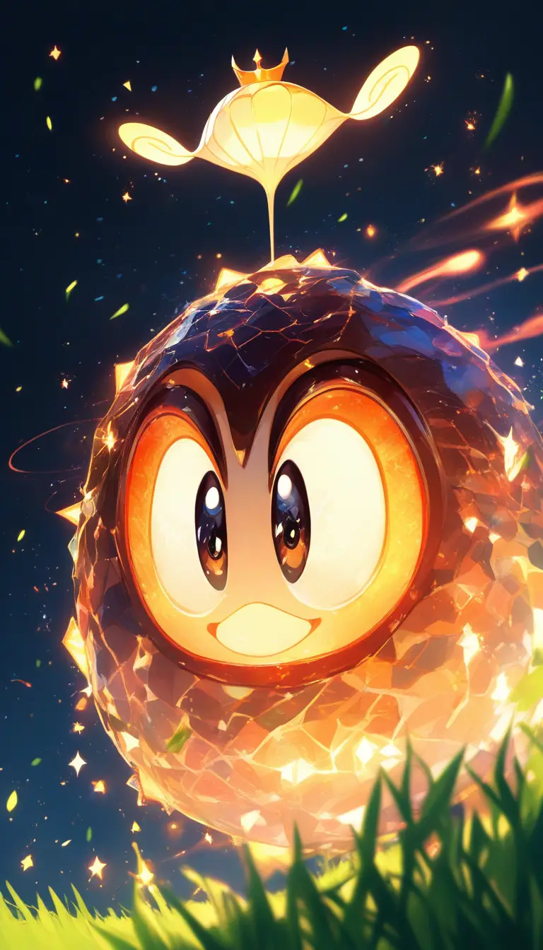 Cute crowned guava character on a glowing grassy hill