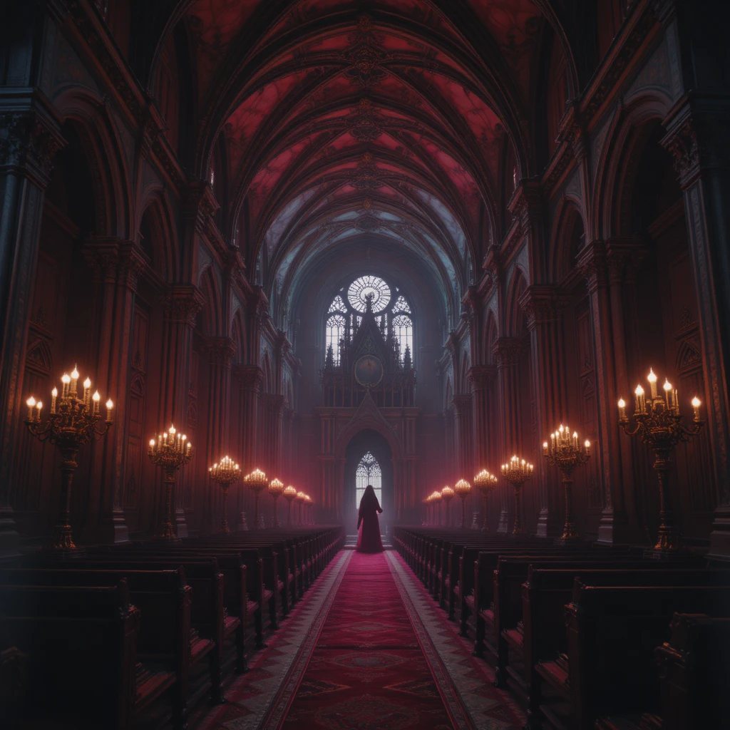 Interior de catedral gótica con arcos barrocos y sombras a la luz de las velas