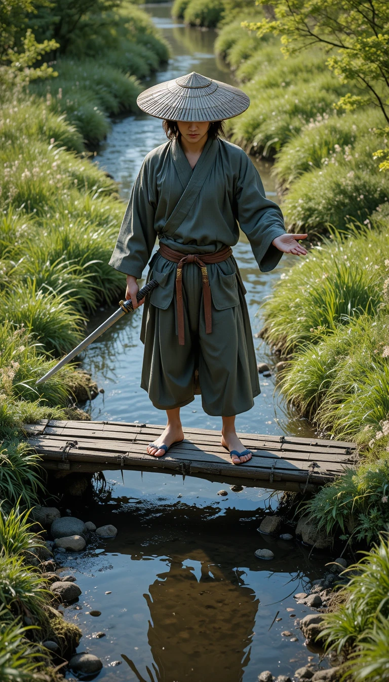 Samurai On Wooden Bridge Holding Katana At Midday
