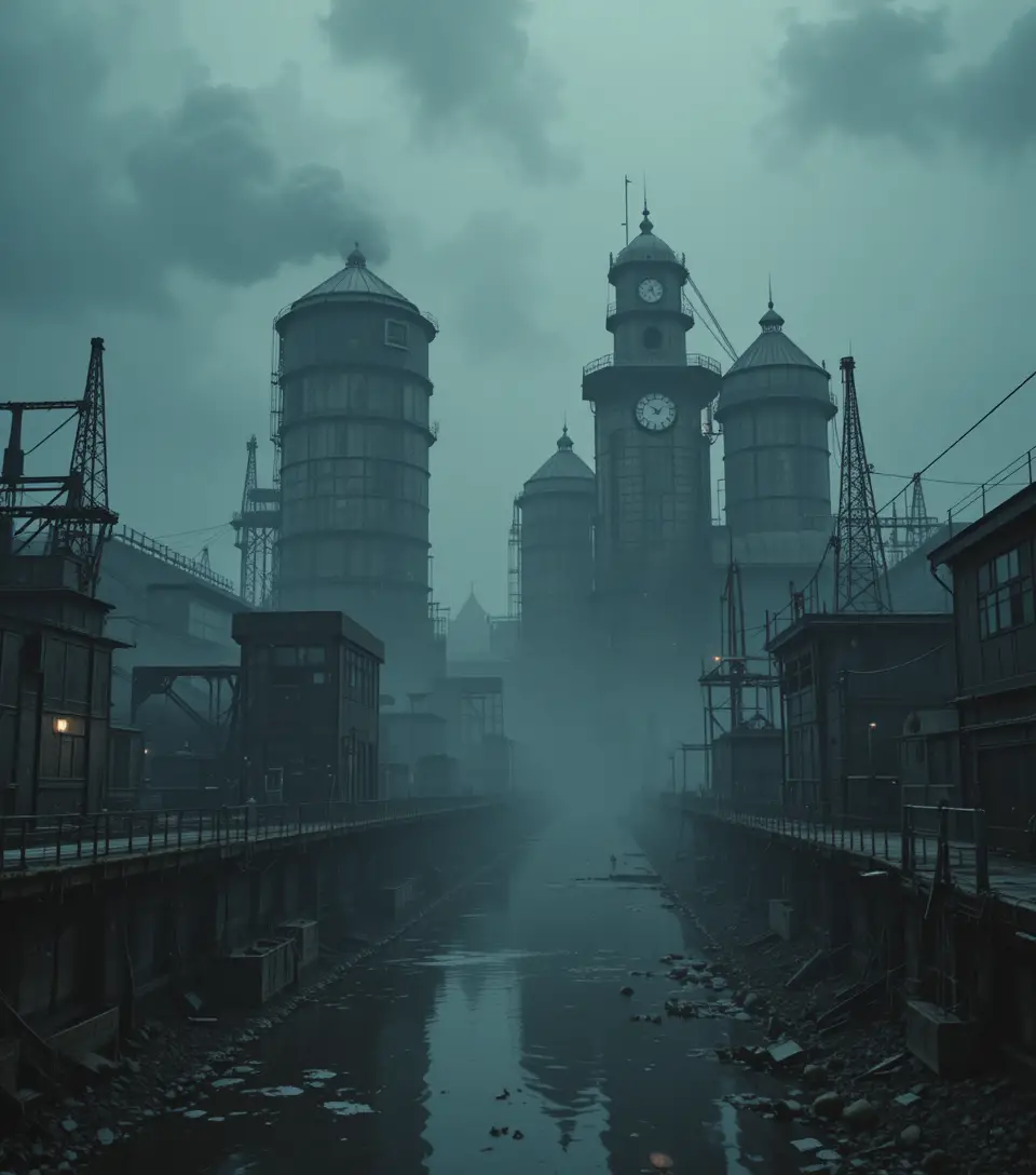 Ominous industrial railyard with glass silos and clock towers