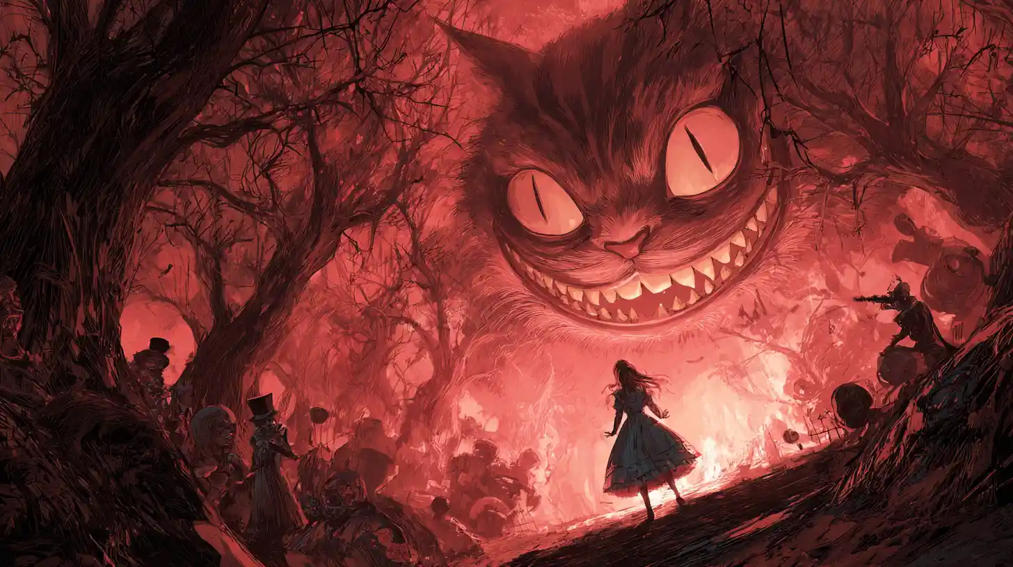 Alice cammina attraverso una oscura e contorta foresta fantasy