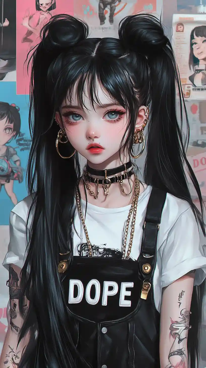 Süßes Anime-Mädchen mit Dutt im Punk-Streetwear-Porträt