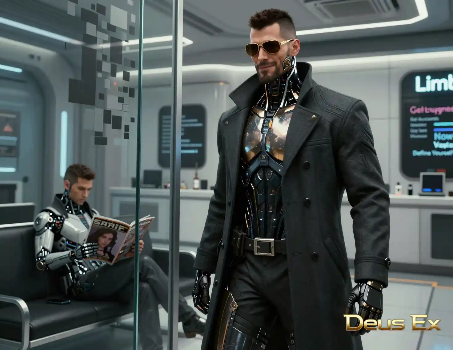 Augmented detective in a sleek futuristic clinic lobby