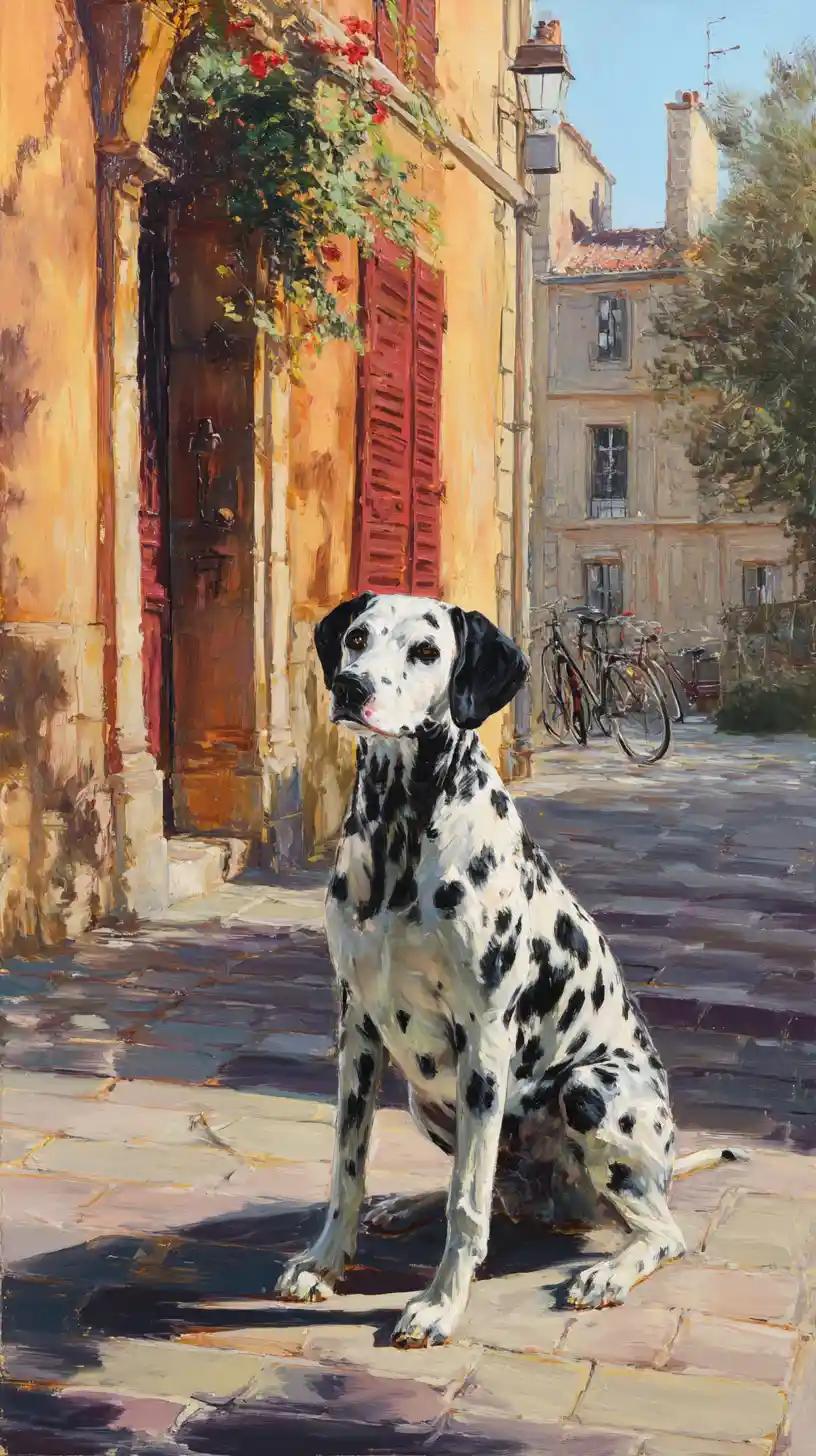 Dalmata sul marciapiede parigino nella calda luce del pomeriggio