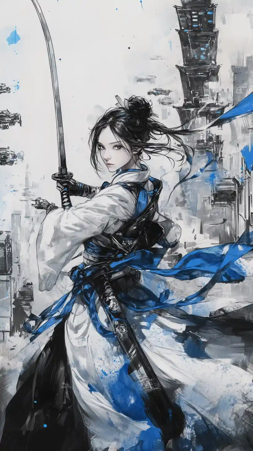 Young samurai woman draws her katana in futuristic city