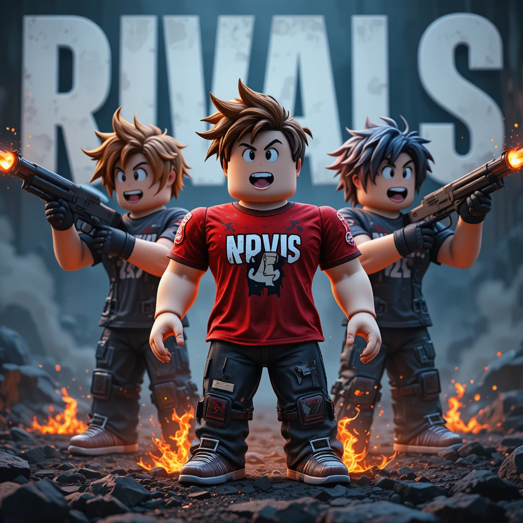 Tres furiosos rivales estilo Roblox con armas y texto