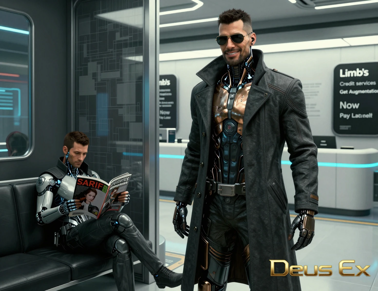 Augmented detective in a futuristic cyberpunk clinic lobby