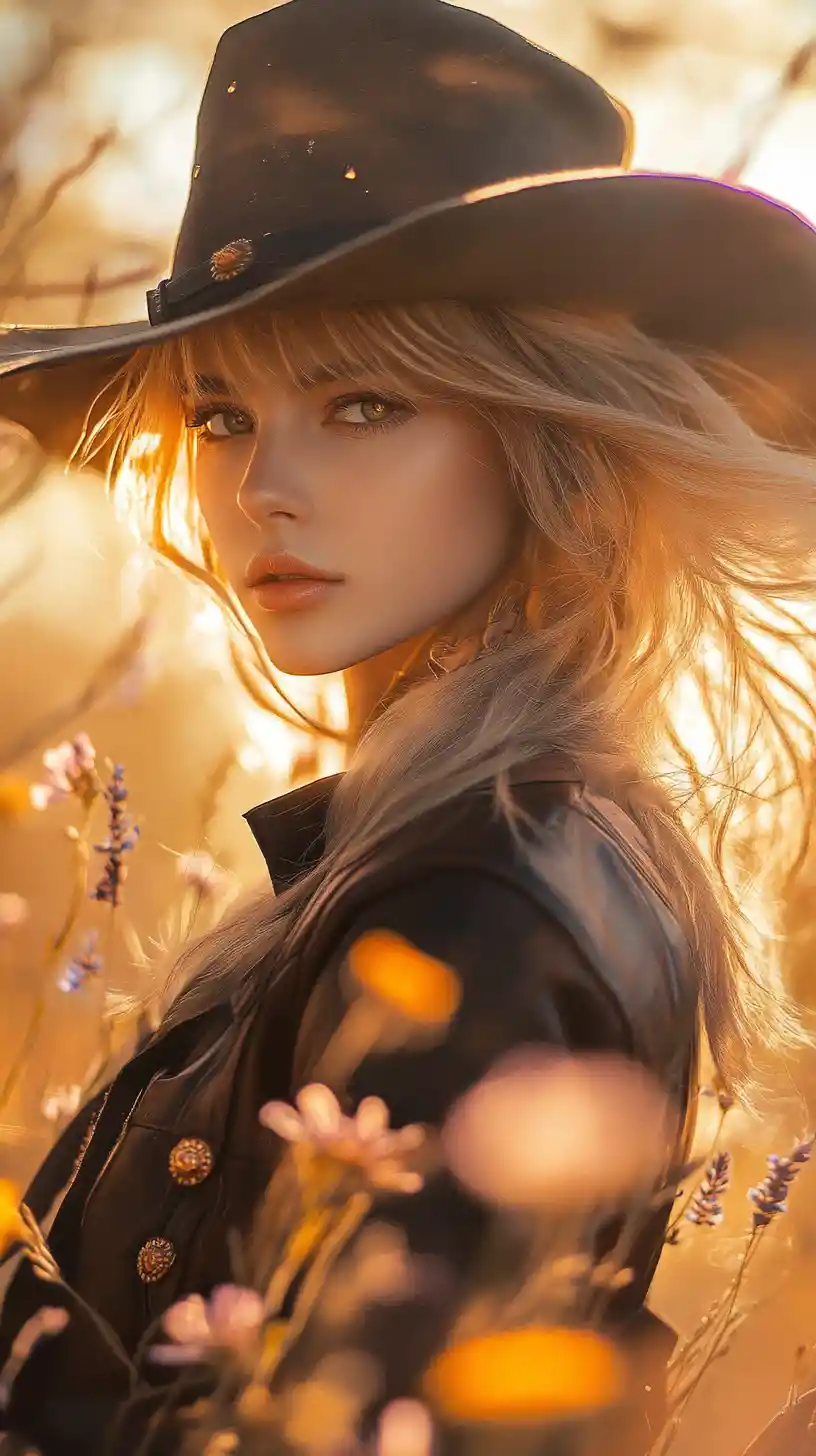 Anime cowgirl close up in a rustic western duel scene