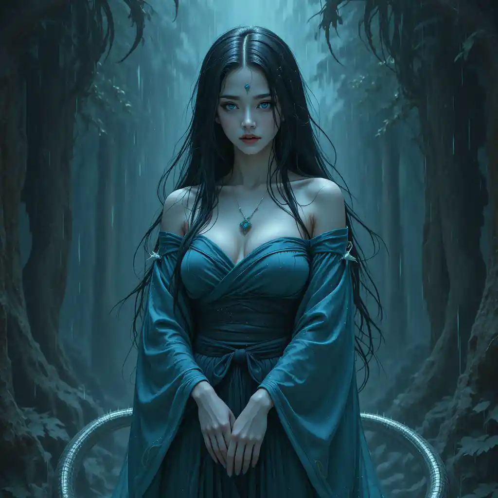 Mystical snake tailed goddess in a rainy dark forest