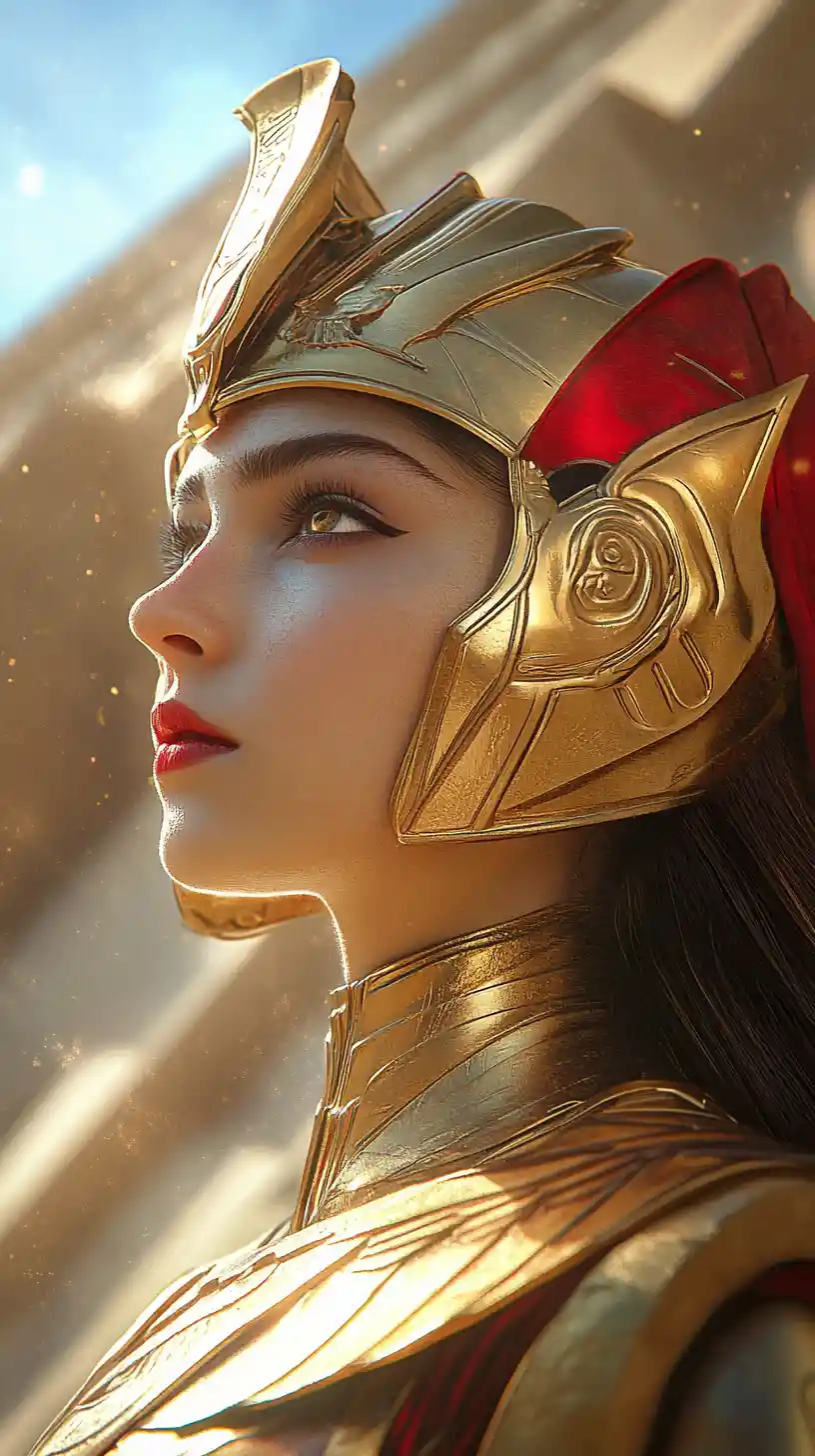 Femme robot en armure dorée devant une pyramide égyptienne lointaine