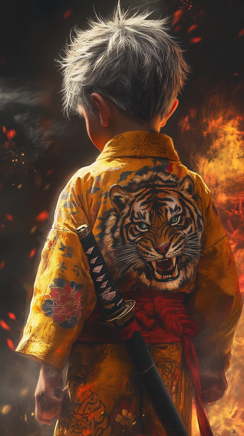Niño guerrero tatuado en kimono amarillo con katana
