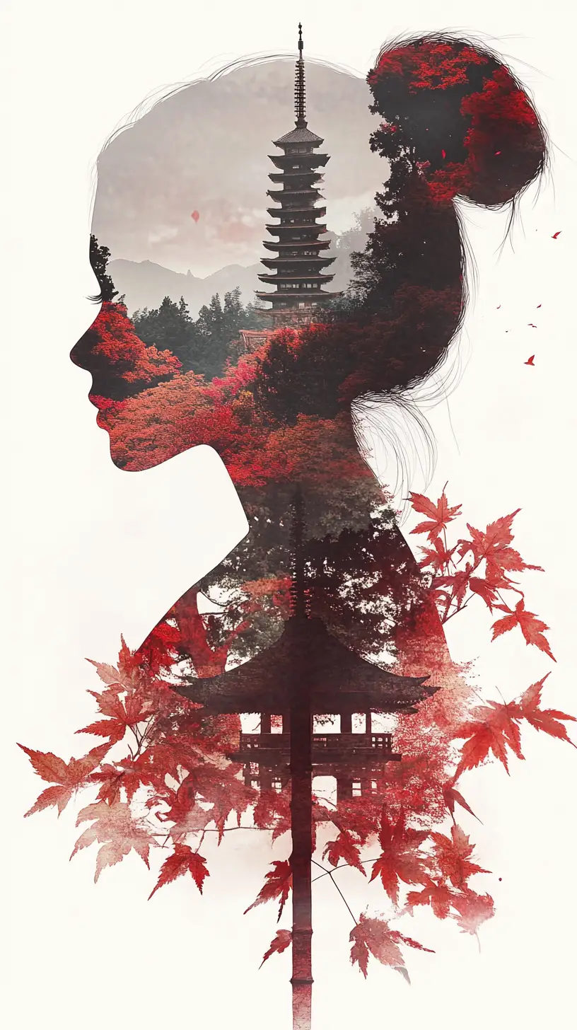 Female silhouette filled with Japanese mountain village landscape