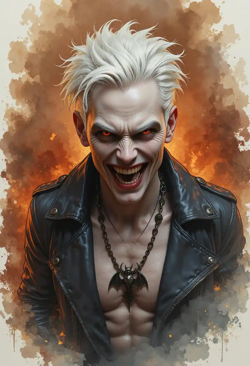 Weißhaariger Vampir, der vor einem feurigen, rauchigen Hintergrund grinst