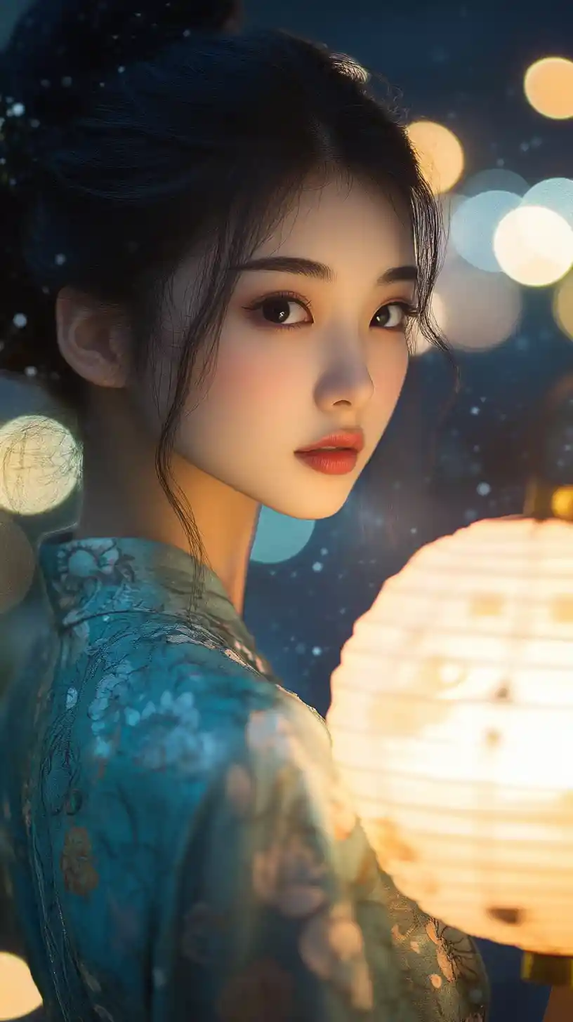 Young woman with lantern against dreamy city night lights