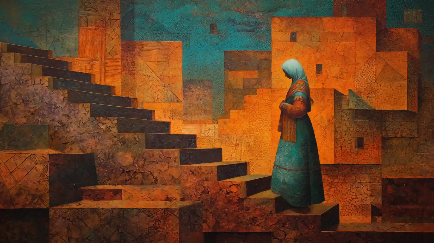 Surreal indigenous woman before an Aztec city void