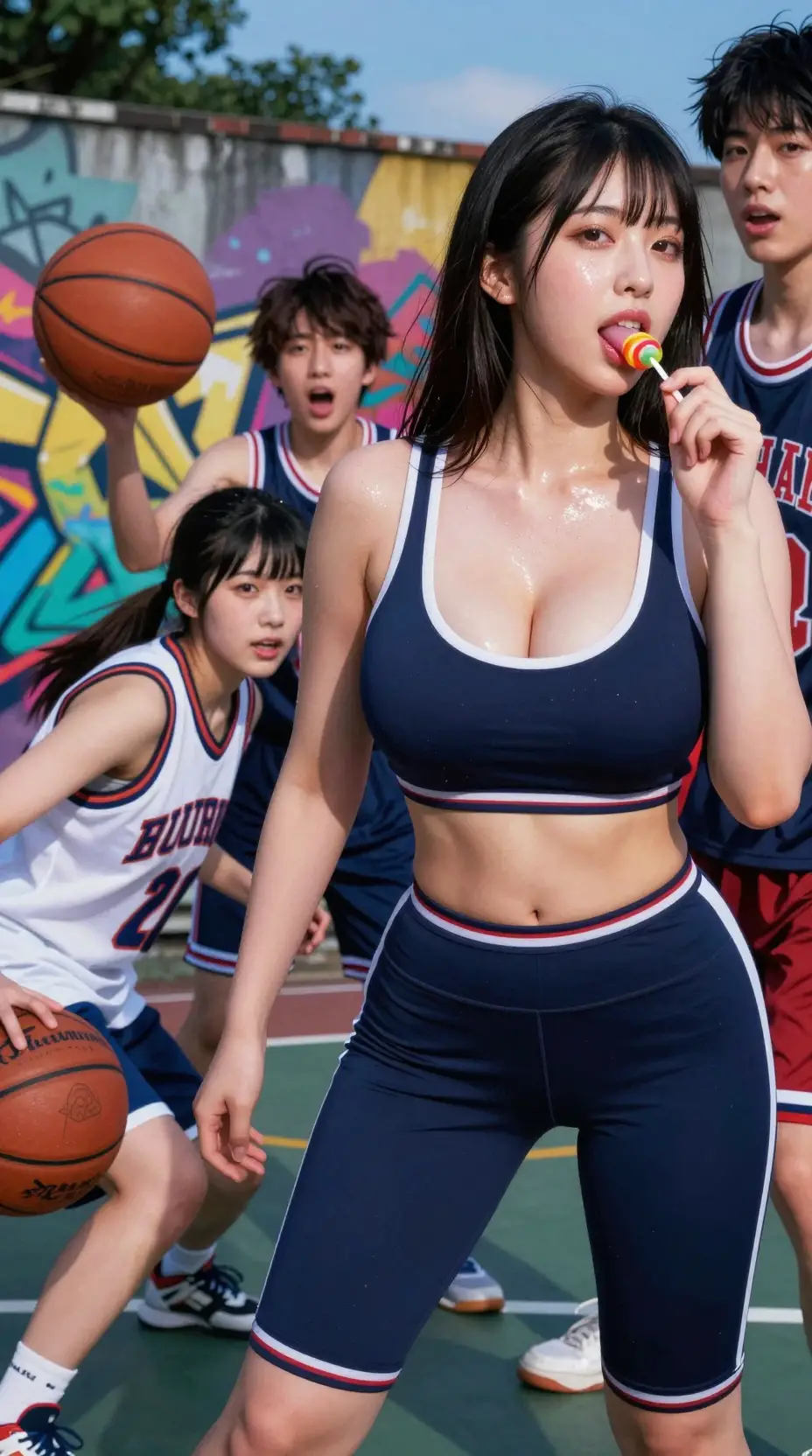 Close up of schoolgirl in intense summer basketball game