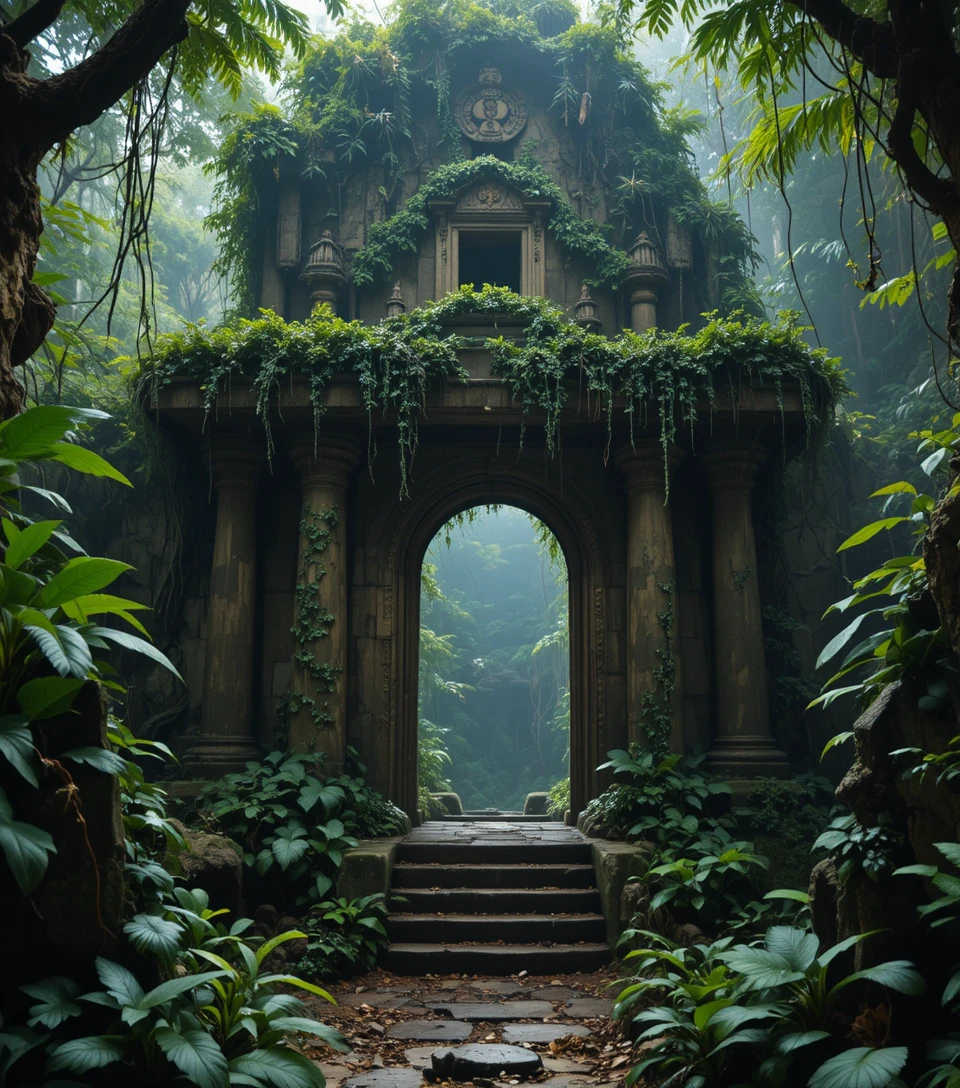 Antiguo templo en la jungla oculto bajo densas enredaderas crecidas