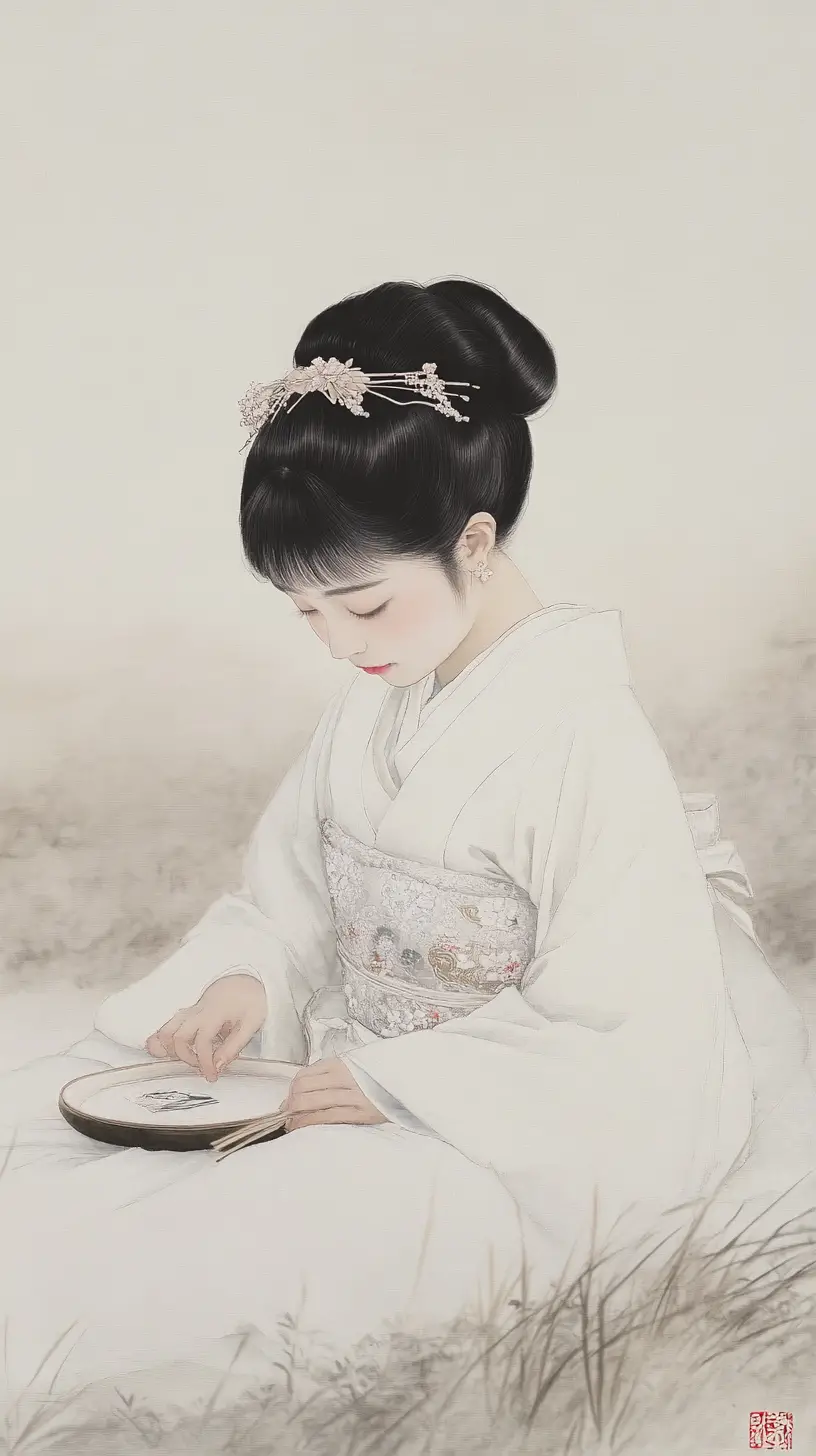 Serene tattooed woman in white kimono in japanese print style