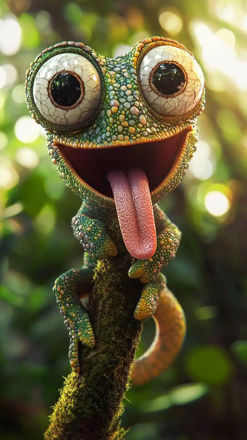 Cartoon chameleon on branch with goofy eyes and tongue