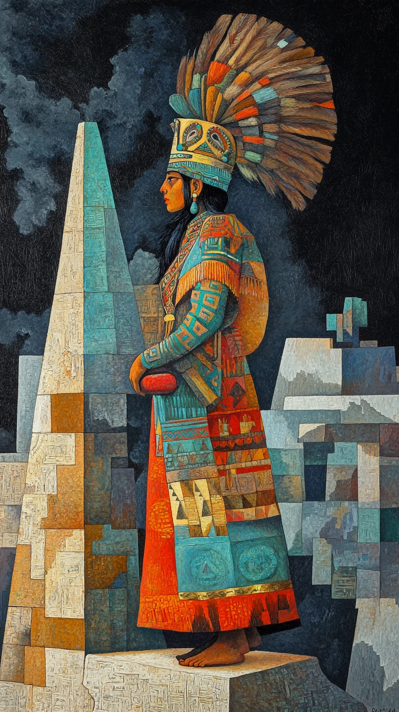 Aztec woman in mystical city with surreal sacred atmosphere