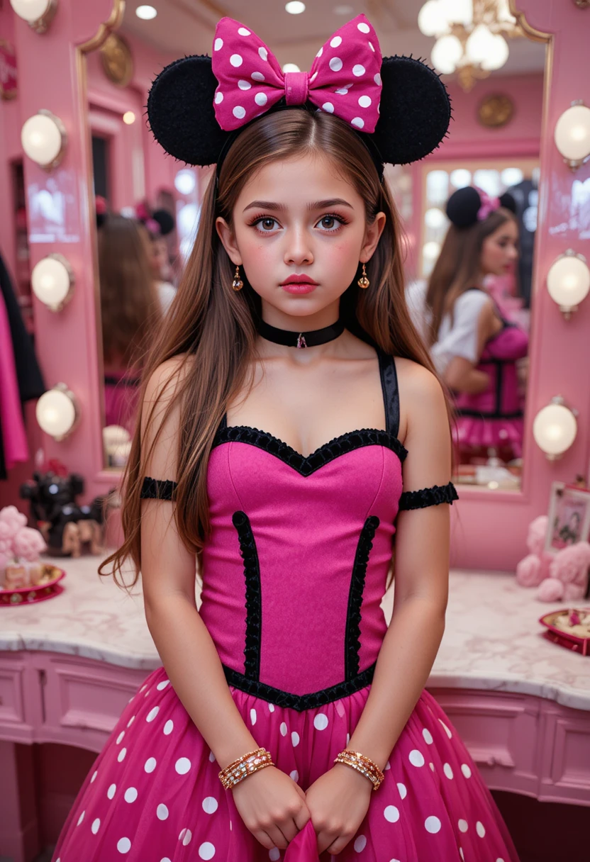 Tween boy in Minnie Mouse outfit at boutique vanity