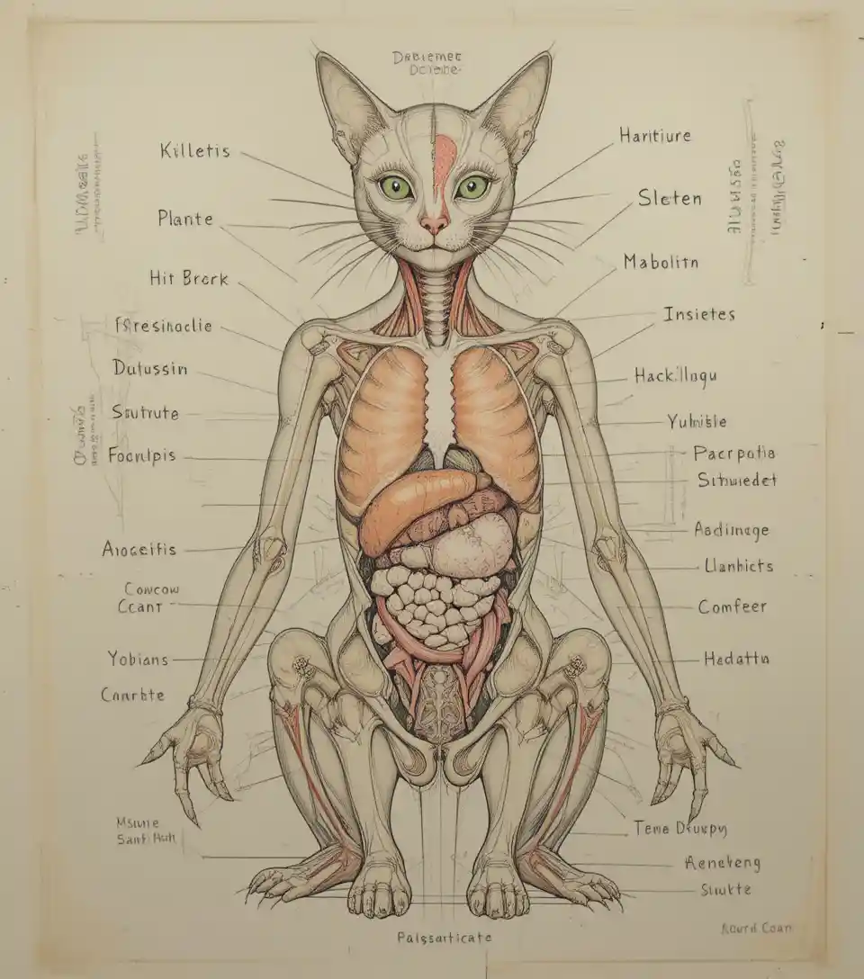 Diagramma anatomico frontale di un gatto con organi etichettati