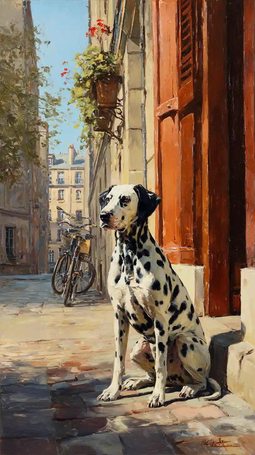 Dalmata su un marciapiede parigino nella calda luce del pomeriggio