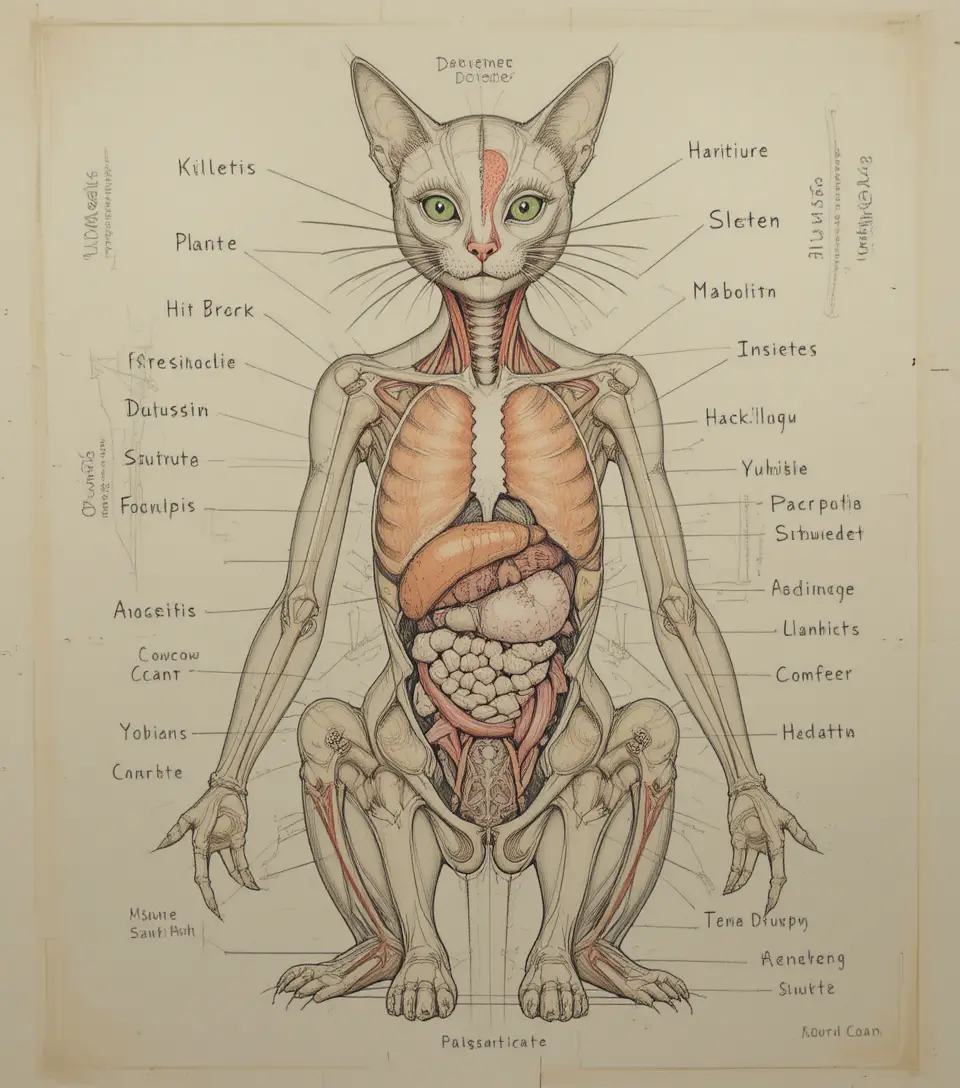 Frontal anatomical diagram of a cat with labeled organs