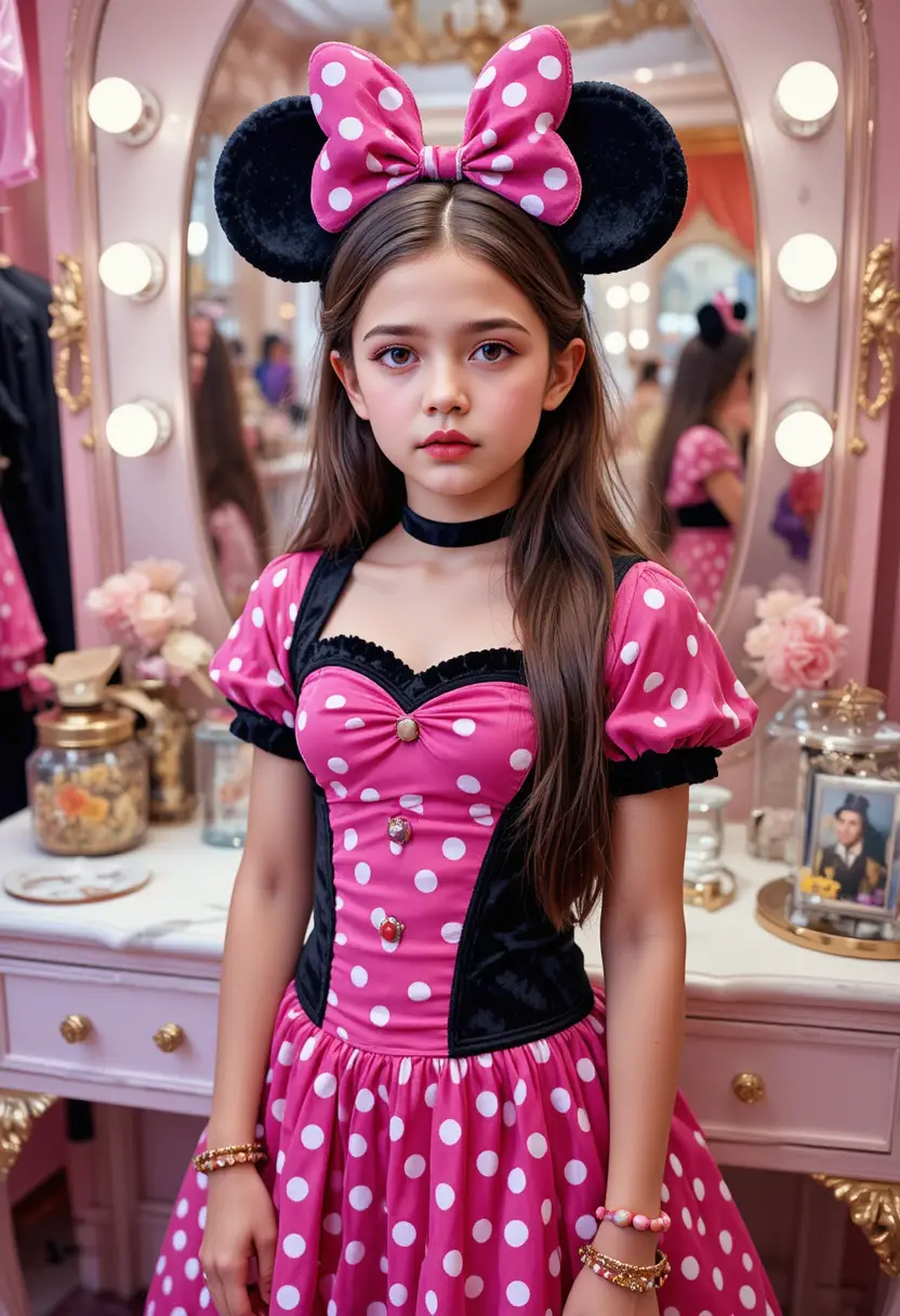 Anxious tween in Minnie Mouse outfit at boutique vanity